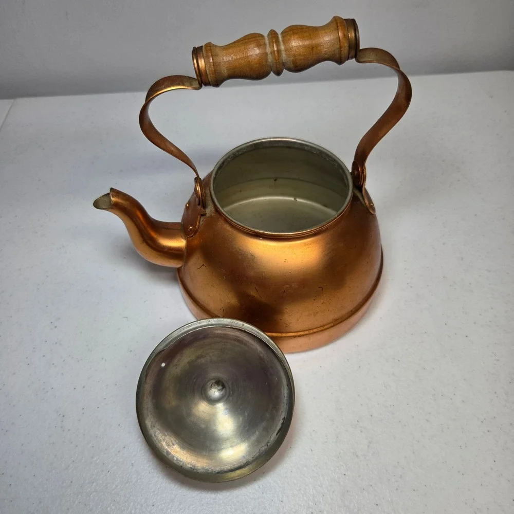Portugal‎ Copper Teapot Vintage Tea Kettle with Wooden Handle Retro Rustic